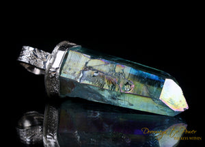 Aqua Aura Lemurian Light Language Crystal Pendant .999 Fine Silver