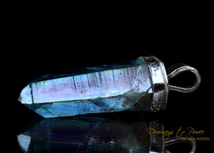Aqua Aura Lemurian Light Language Crystal Pendant .999 Fine Silver