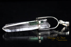 Lemurian Laser Quartz Temple Heart Dow Green Tourmaline Pendant