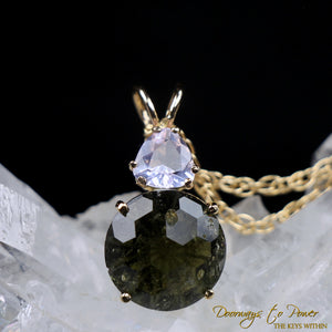 Moldavite & Ruby Lavender Super Nova Crystal Pendant 14k
