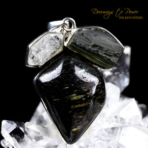 Nuummite Moldavite Herkimer Diamond Pendant SS