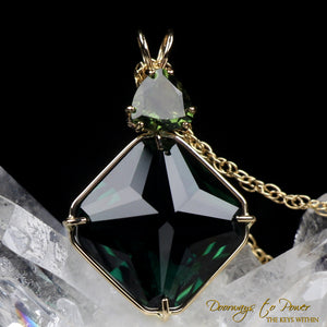 Tibetan Green Obsidian Moldavite Magician Stone Pendant 'Thoth' 14k