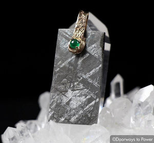 Light Language Pendant Gibeon Meteorite & Emerald 14k Gold