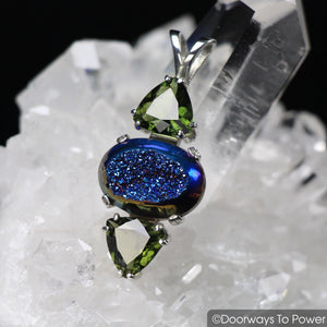 Titanium Aura Druzy Crystal Pendant with Moldavite Gemstones
