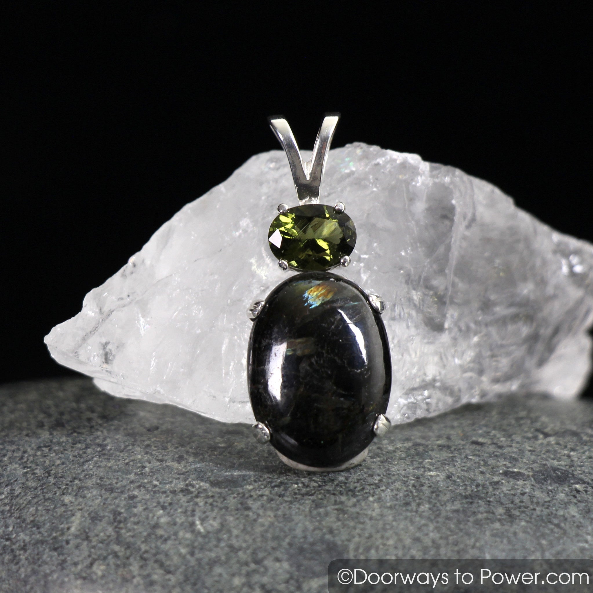 Nuummite Pendant w Moldavite Gemstone Sterling Silver Doorways