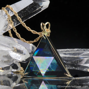 Aqua Aura Star of David Vogel Crystal Triangle Pendant 14k Gold