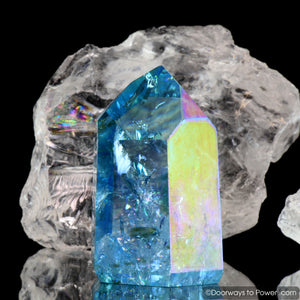 Aqua Aura Quartz Temple Heart Dow Crystal Point w/ Rainbows