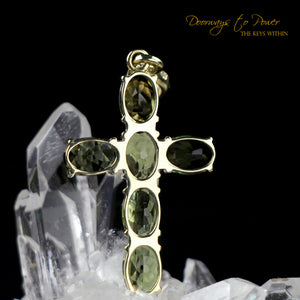 Moldavite Tektite Cross Pendant in 14k Gold
