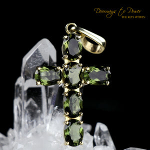 Moldavite Tektite Cross Pendant in 14k Gold