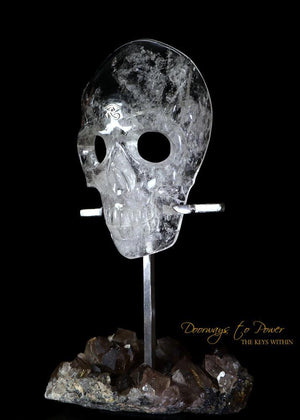 clear lemurian quartz mask with custom ankh stand and smoky quartz base by Leandro de Souza