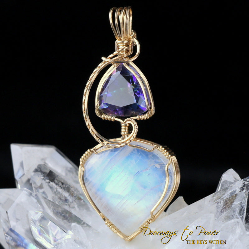 Rainbow Moonstone Mystic Fine Topaz Crystal Pendant 14k