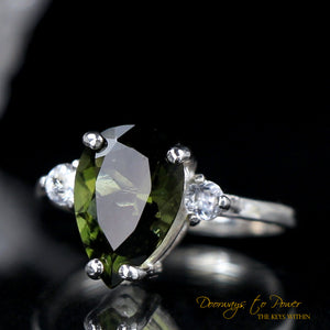 Moldavite Faceted Ring with Danburite .925 Size 7