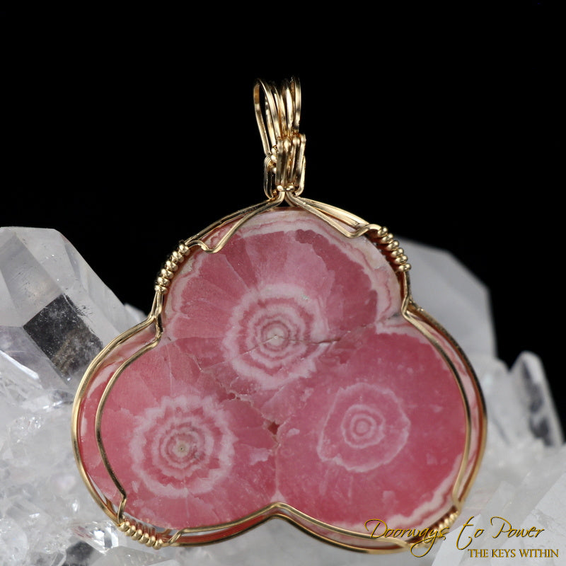 Rhodochrosite Stalactite Trio Crystal Pendant 14k