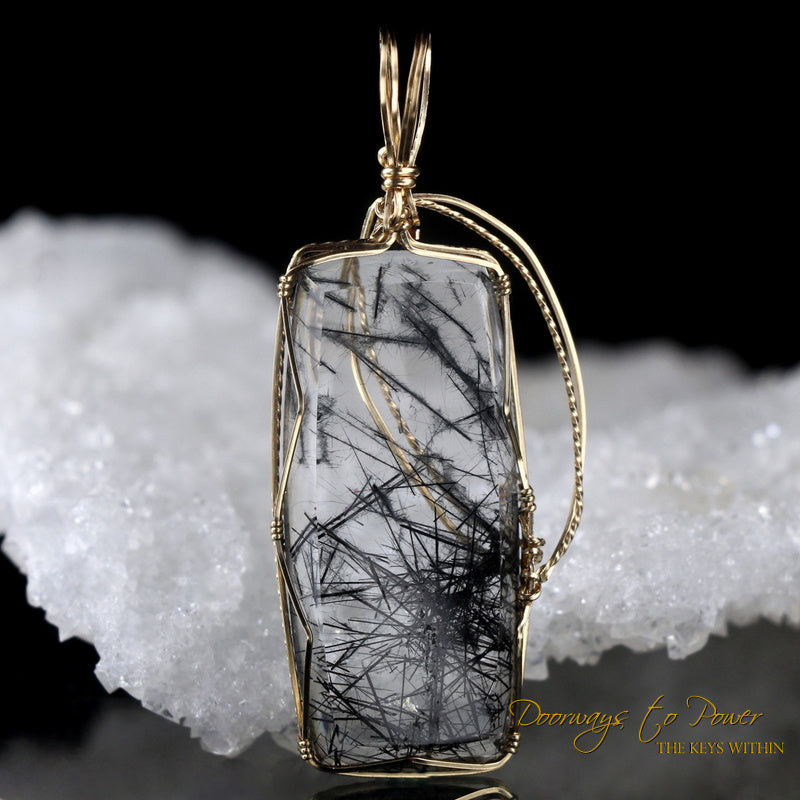 Black Tourmalinated Quartz Crystal Pendant 14k 'Ascending'
