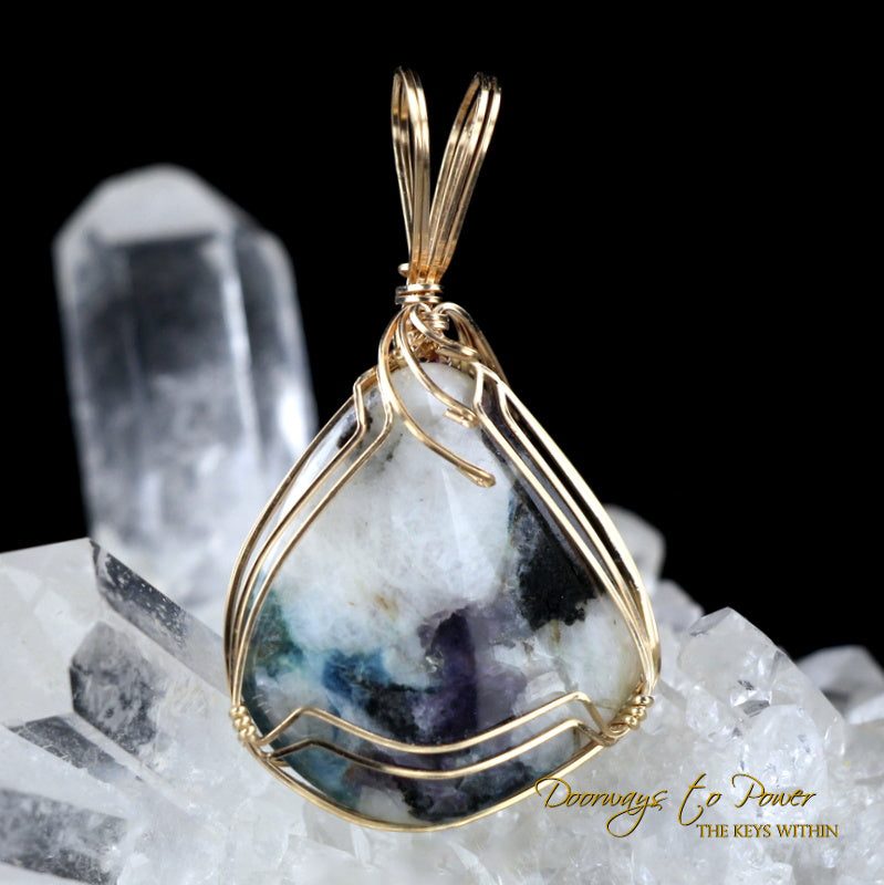 Phenacite Aquamarine Purple Fluorite Crystal Pendant 14k