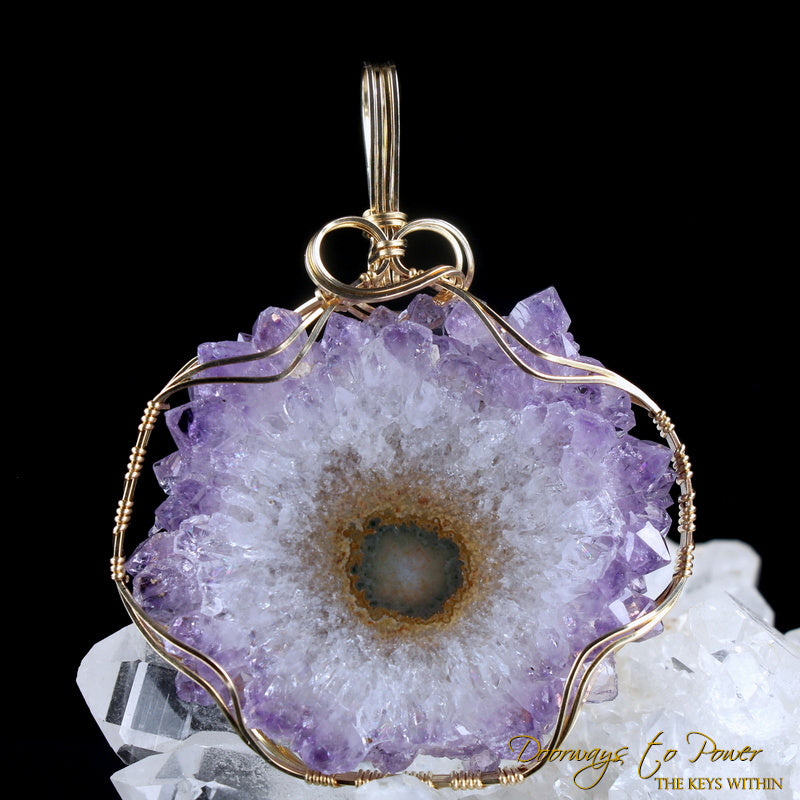 Amethyst Quartz Stalactite Flower Crystal Pendant in 14k