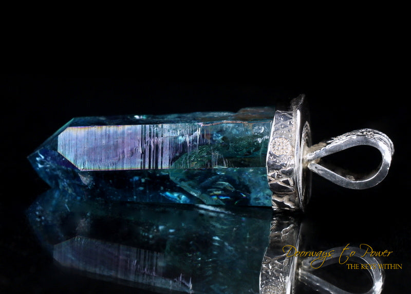 Aqua Aura Lemurian Light Language Crystal Pendant .999 Fine Silver