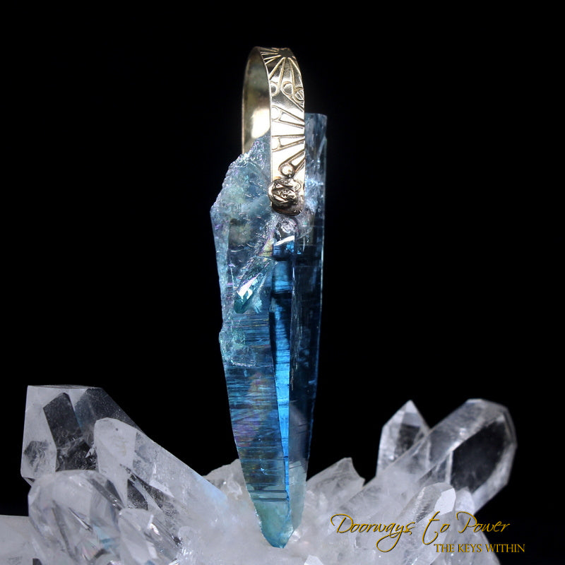 Aqua Aura Lemurian Light Language Crystal Pendant 14k