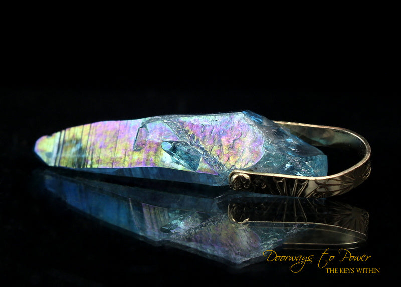Aqua Aura Lemurian Light Language Crystal Pendant 14k