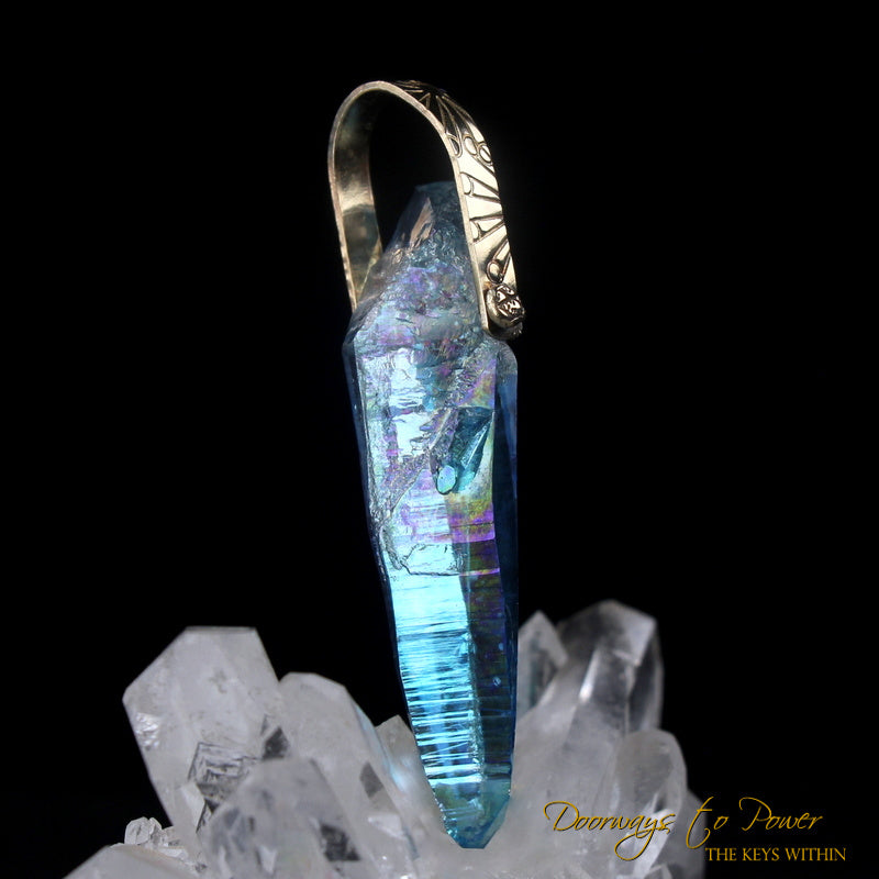 Aqua Aura Lemurian Light Language Crystal Pendant 14k