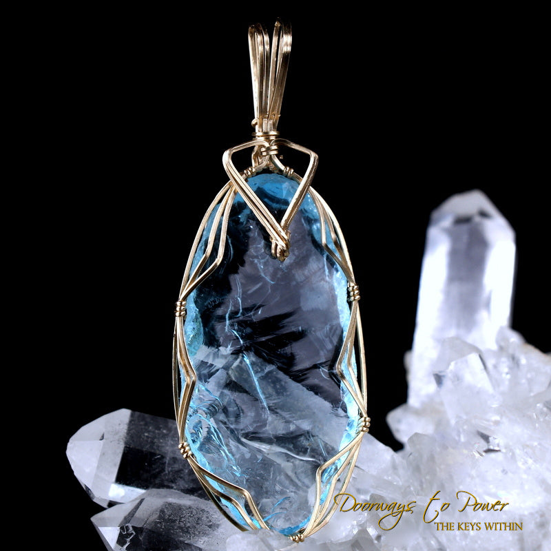 Blue Prism of Lyra Andara Crystal Pendant 7th Density 14k