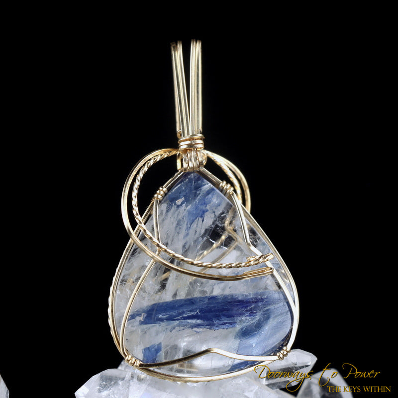Blue Kyanite & Quartz Crystal Pendant 14k Reiki Healing 