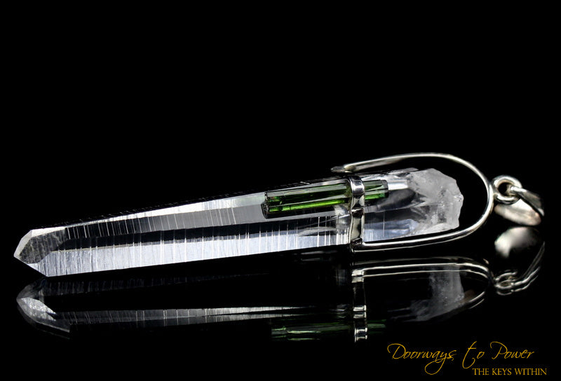 Lemurian Laser Quartz Green Tourmaline Crystal Pendant 