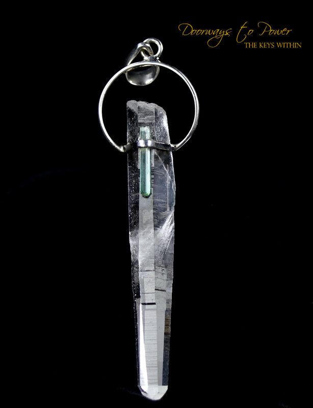 Lemurian Seed Laser Quartz Crystal Pendant & Green Tourmaline