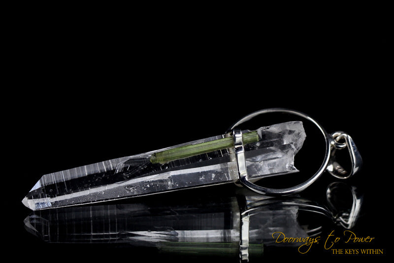 Lemurian Seed Laser Quartz Crystal Pendant & Green Tourmaline