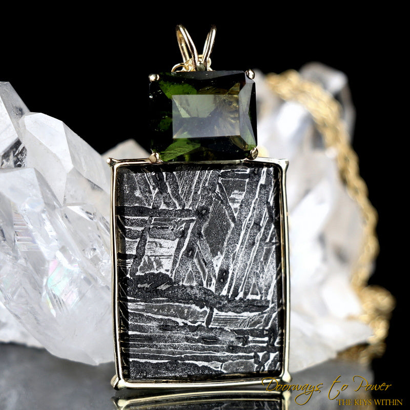 Meteorite & Moldavite Tektite Crystal Pendant 14k
