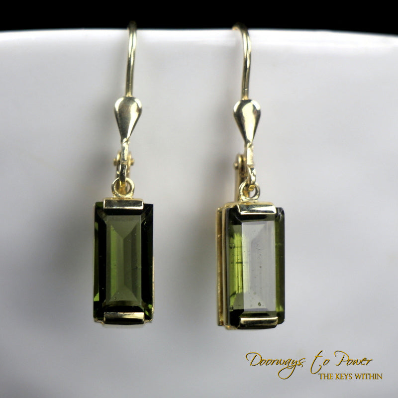 Moldavite Gemstone Crystal Earrings in 14k Gold