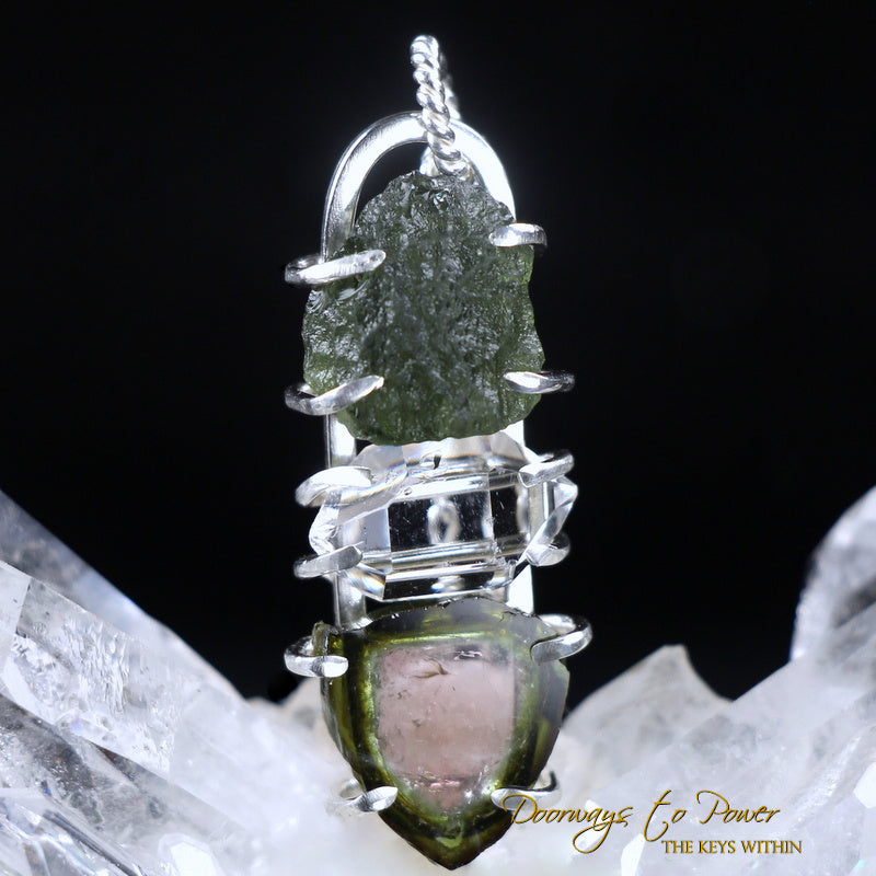 Moldavite Herkimer Diamond Watermelon Tourmaline Pendant SS