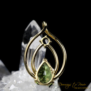 Moldavite Phenacite Crystal Pendant 14k