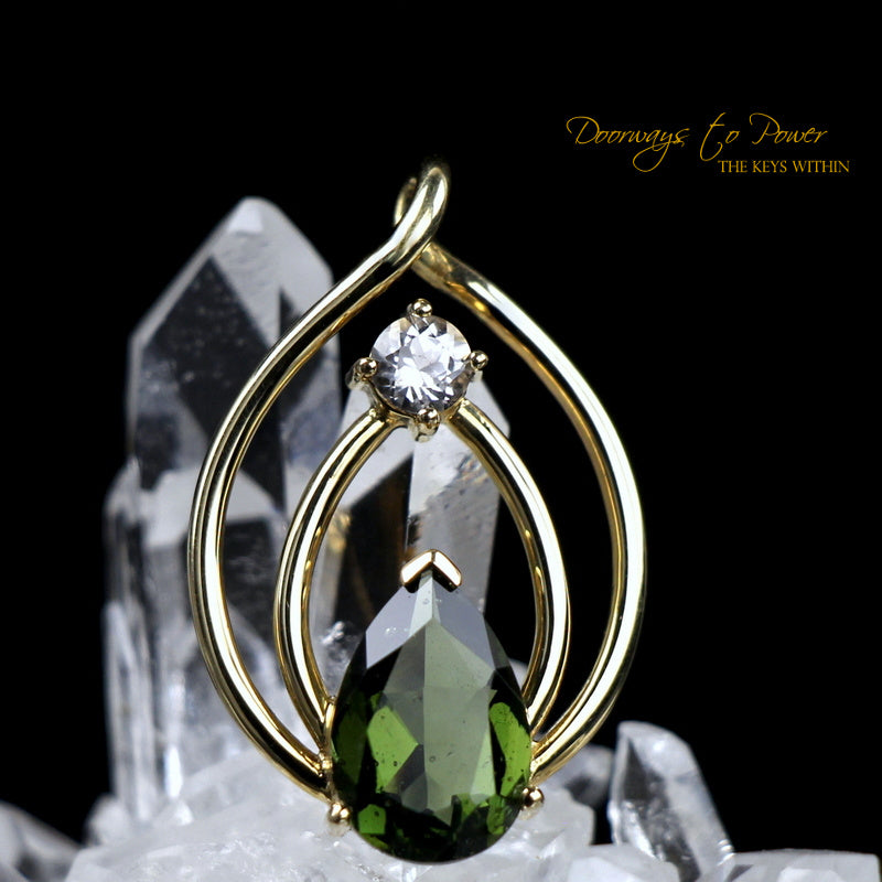 Moldavite Phenacite Crystal Pendant 14k