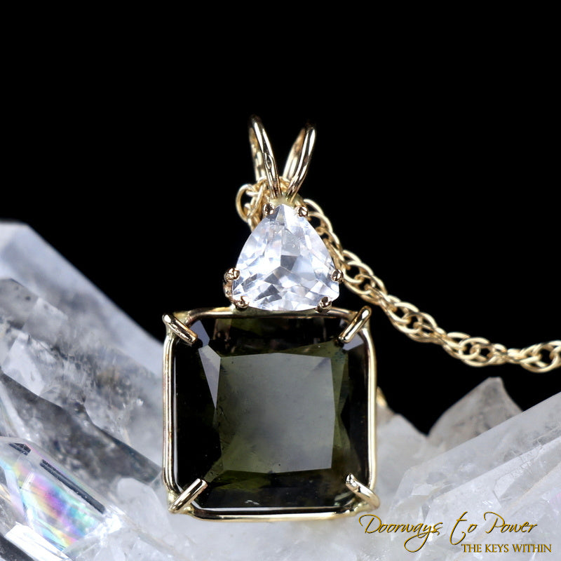Moldavite & Phenacite Crystal Pendant 14k Gold