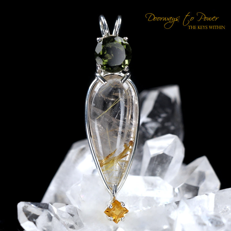Moldavite Rutilated Quartz Yellow Tourmaline Crystal Pendant 'Power'
