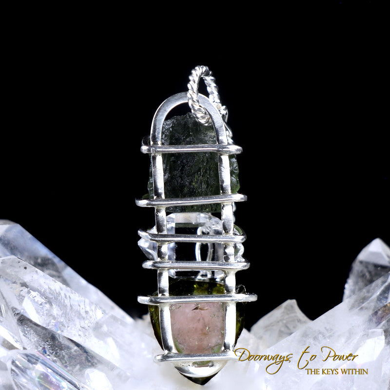 Moldavite Herkimer Diamond Watermelon Tourmaline Pendant SS