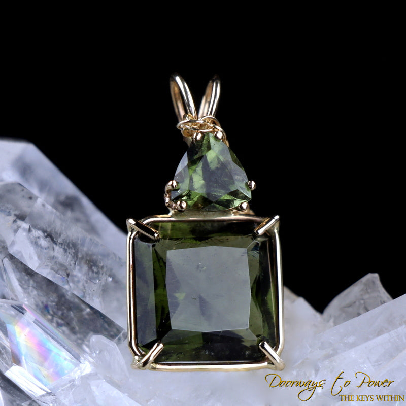 Moldavite & Moldavite Crystal Pendant 14k Gold