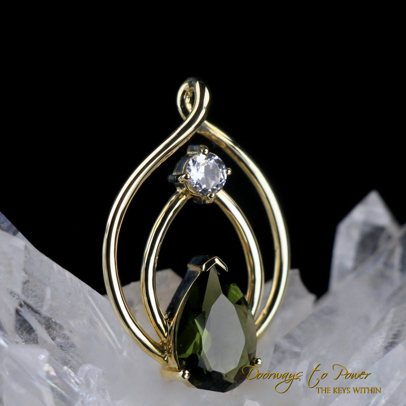 Moldavite & Phenacite Celestial Crystal Pendant 14k