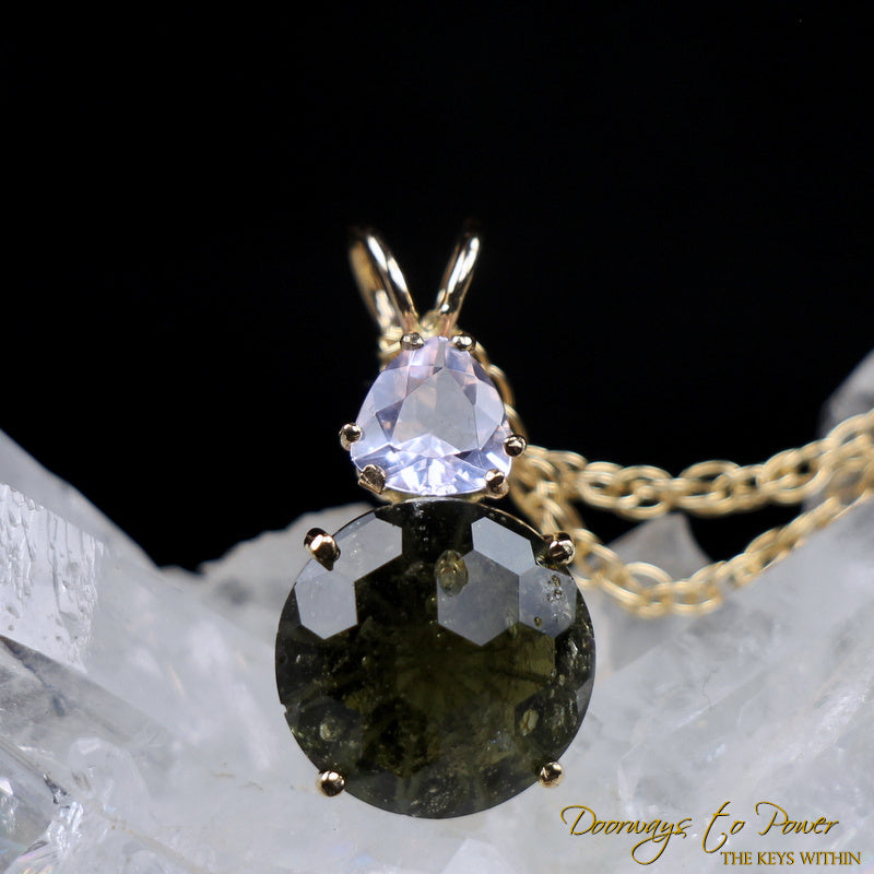 Moldavite & Ruby Lavender Super Nova Crystal Pendant 14k