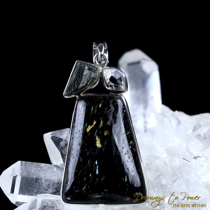 Nuummite Moldavite Herkimer Diamond Pendant SS