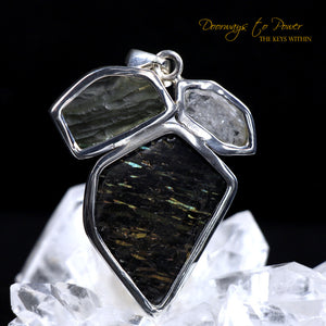 Nuummite Moldavite Herkimer Diamond Pendant SS