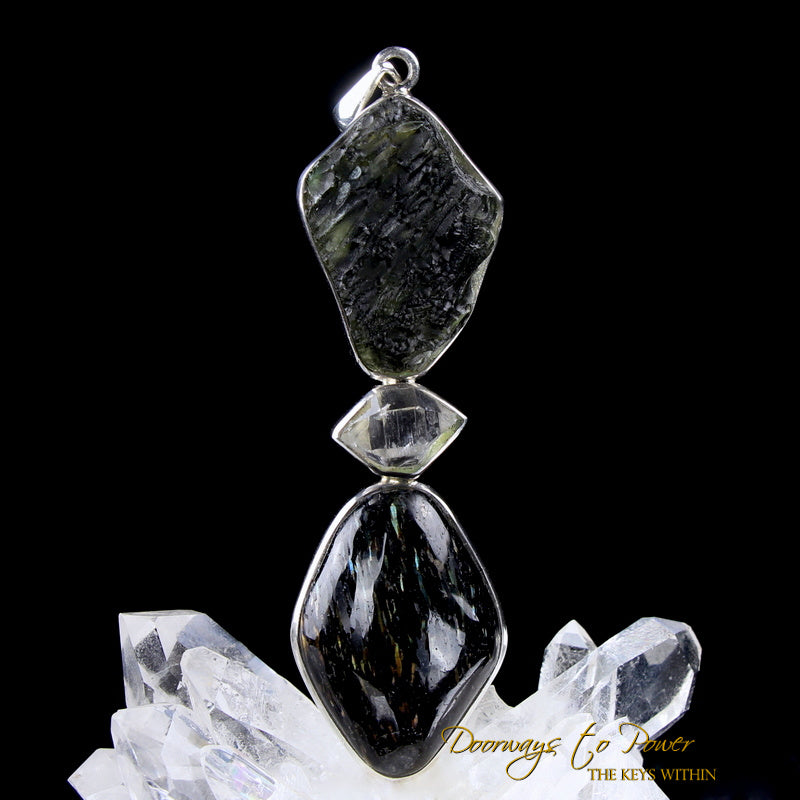 Nuummite Moldavite Herkimer Diamond Pendant SS