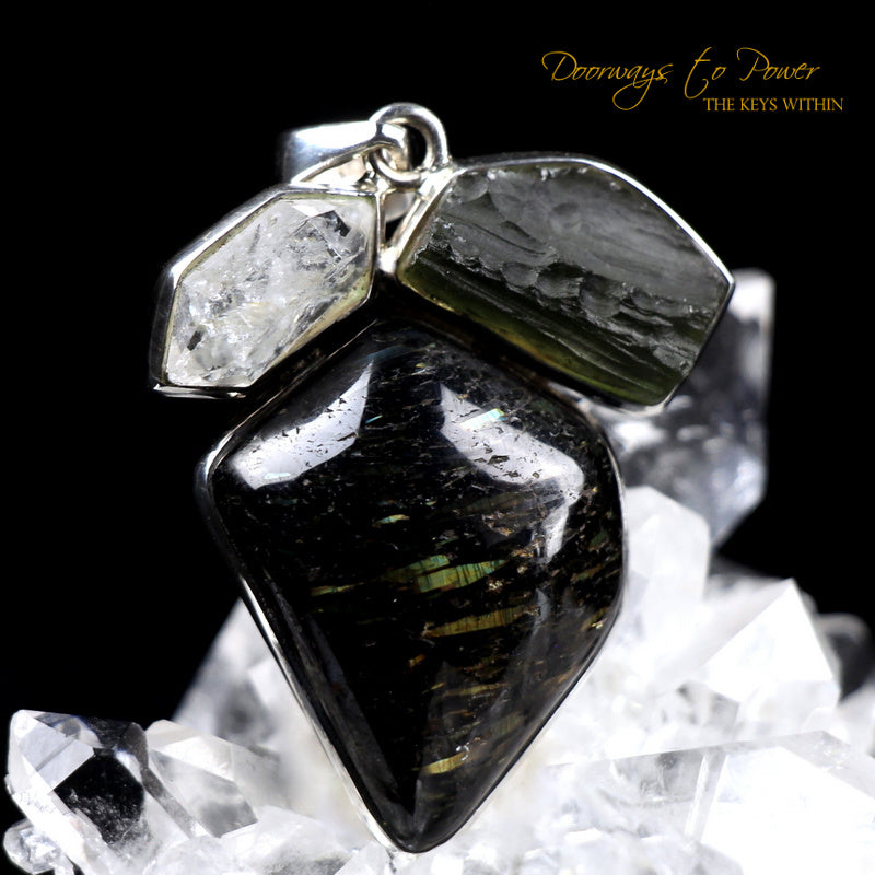 Nuummite Moldavite Herkimer Diamond Pendant SS