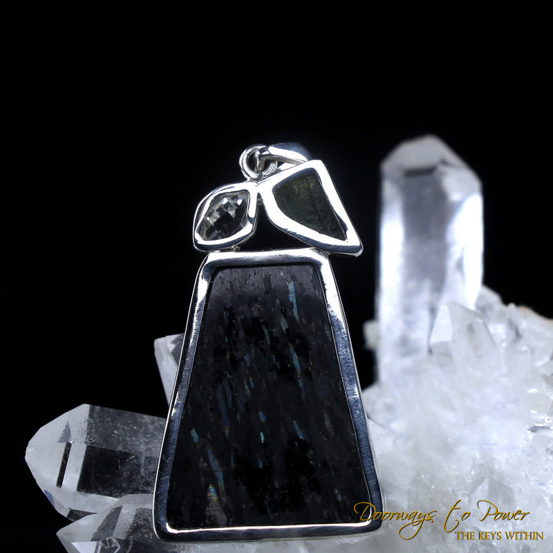 Nuummite Moldavite Herkimer Diamond Pendant SS
