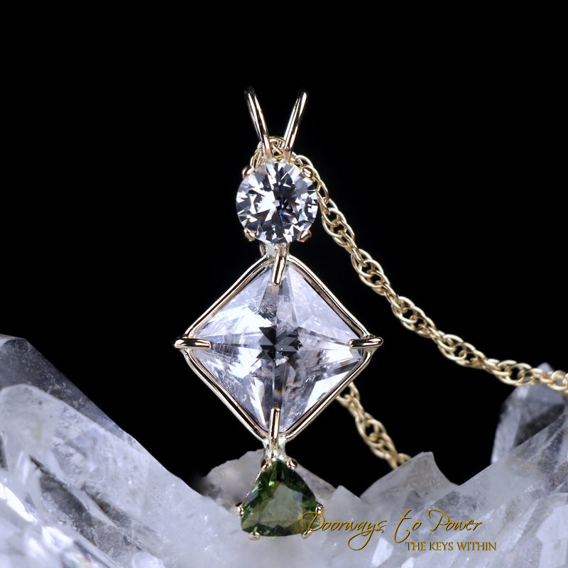 Phenacite Danburite Moldavite Mini Magician Stone Pendant 14k