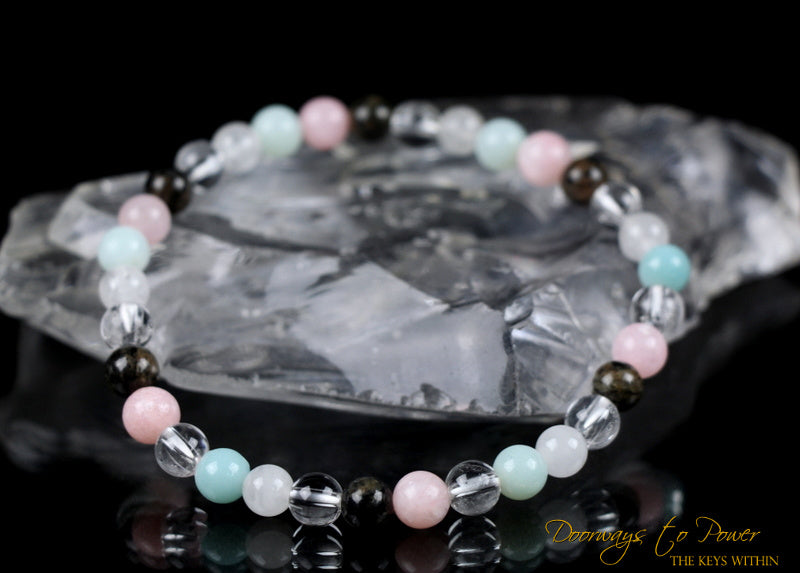 Phenacite Joy Love and Light Crystal Bracelet with &nbsp;Phenacite, White Azeztulite, Azumar, Pink Petalite and satyaloka Clear Azeztulite.