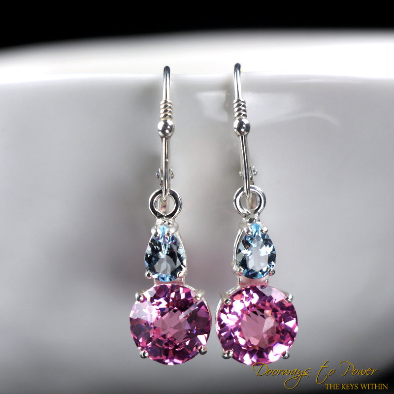 Pink Garnet Radiant Heart Aquamarine Crystal Earrings