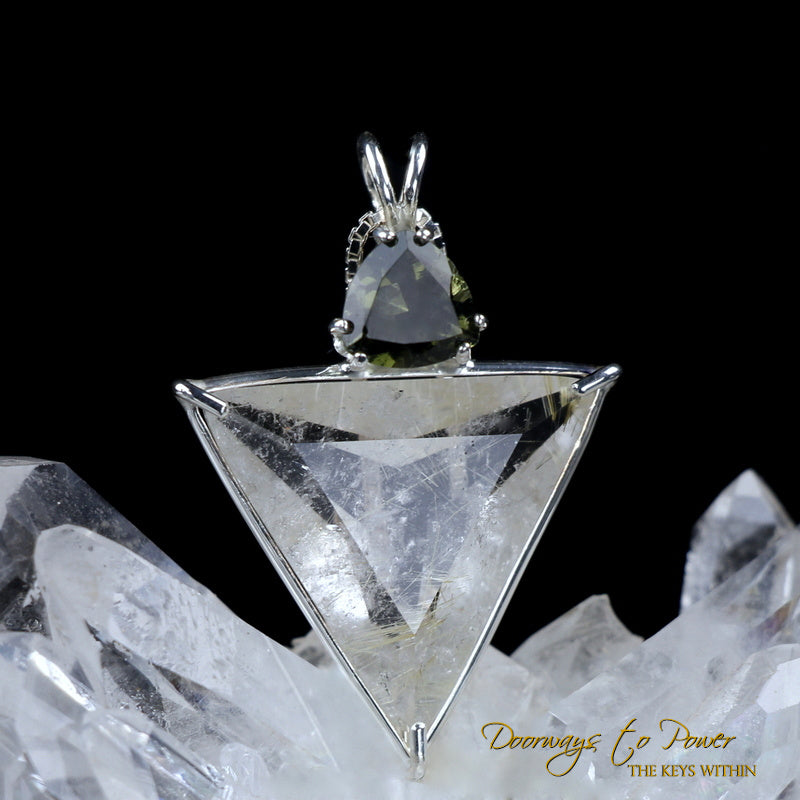 Rutilated Quartz Moldavite Angelic Star Crystal Pendant in 925 Sterling Silver