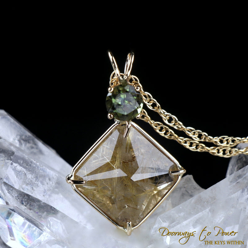 Rutilated Quartz Moldavite Magician Stone Pendant 14k